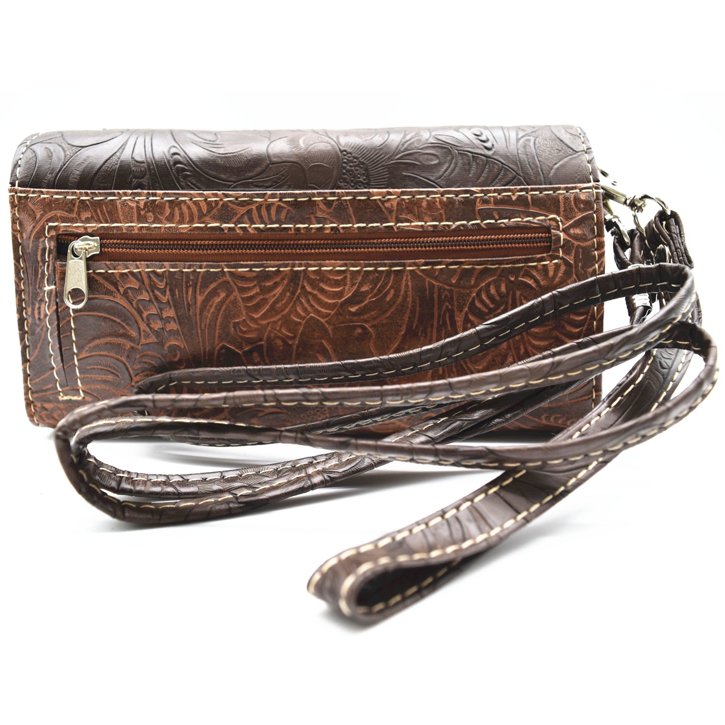 Western Style Feather Tooled Leather Floral Laser Cut Flower Women Trifold Wallet