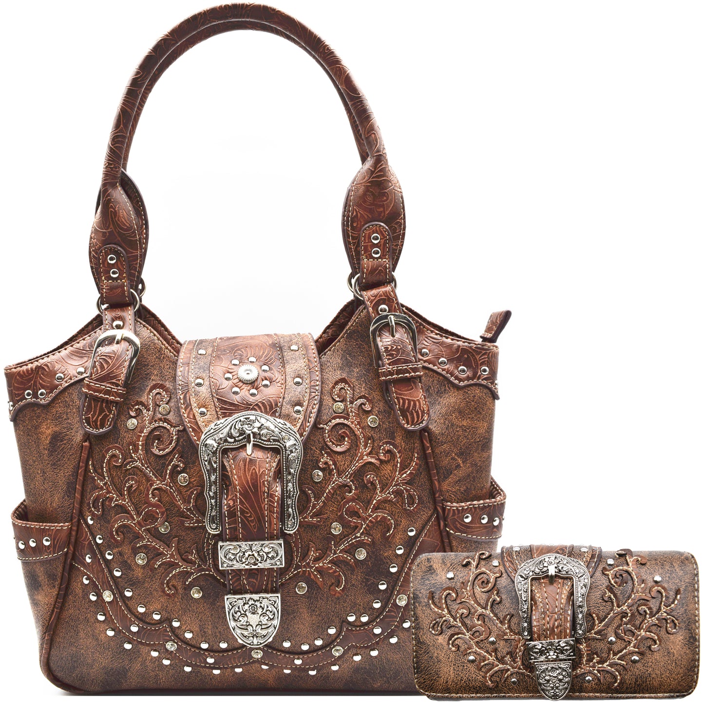 Western Style Buckle Conceal Carry Purse Matching Wallet Set Brown