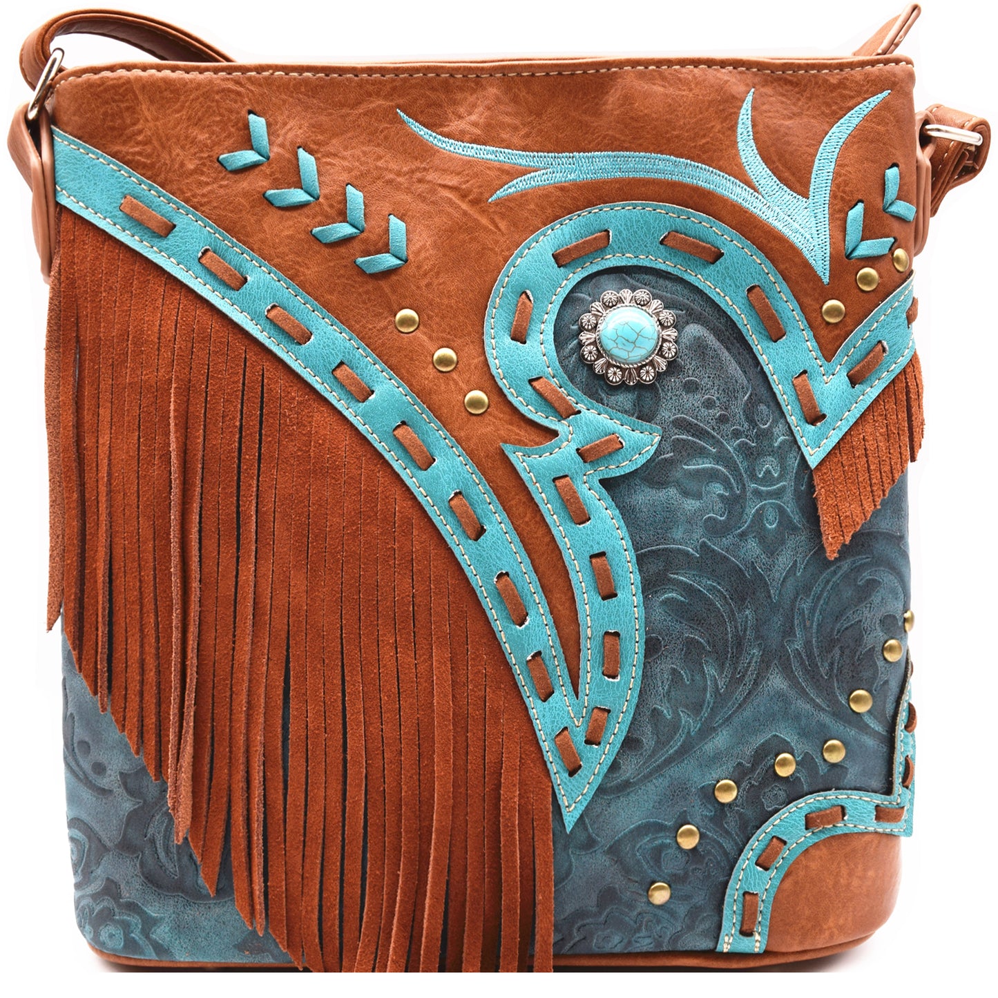 Western Style Tooled Leather Floral Fringe Women Crossbody Handbags