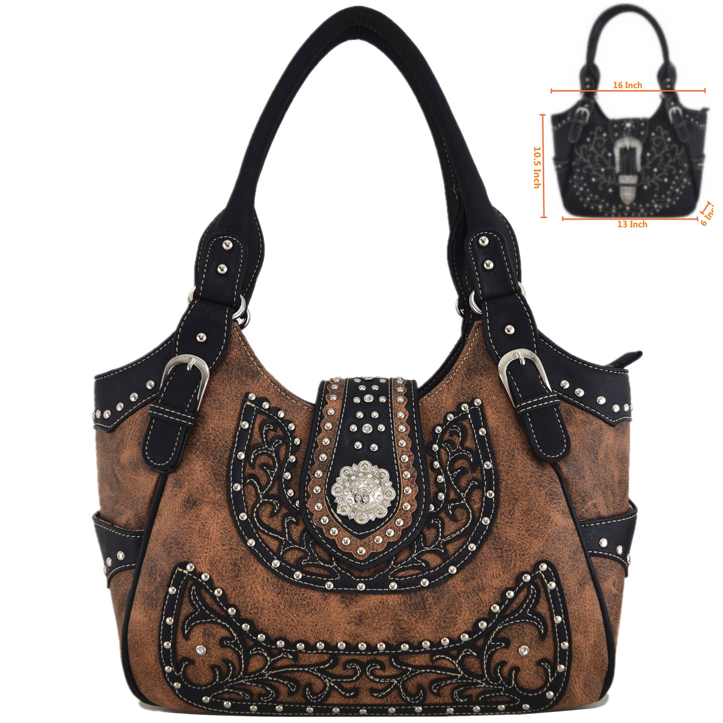 Western Style Berry Conchos Conceal Carry Purse Matching Wallet Set Brown
