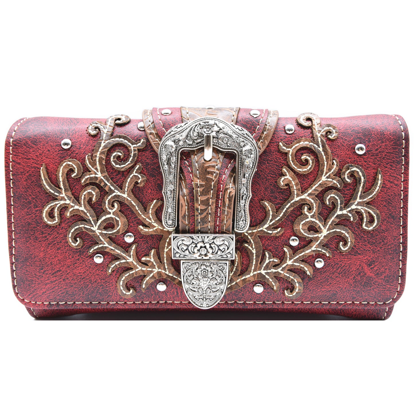 Western Style Buckle Laser Cut Floral Women Trifold Wallet