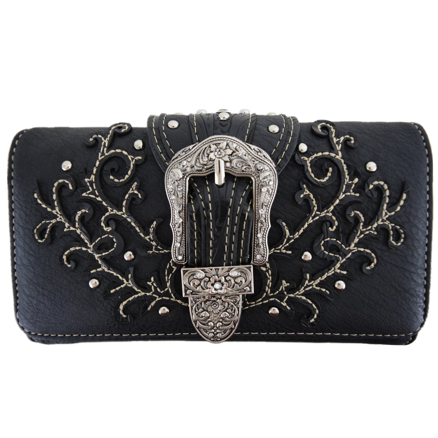 Western Style Buckle Laser Cut Floral Women Trifold Wallet