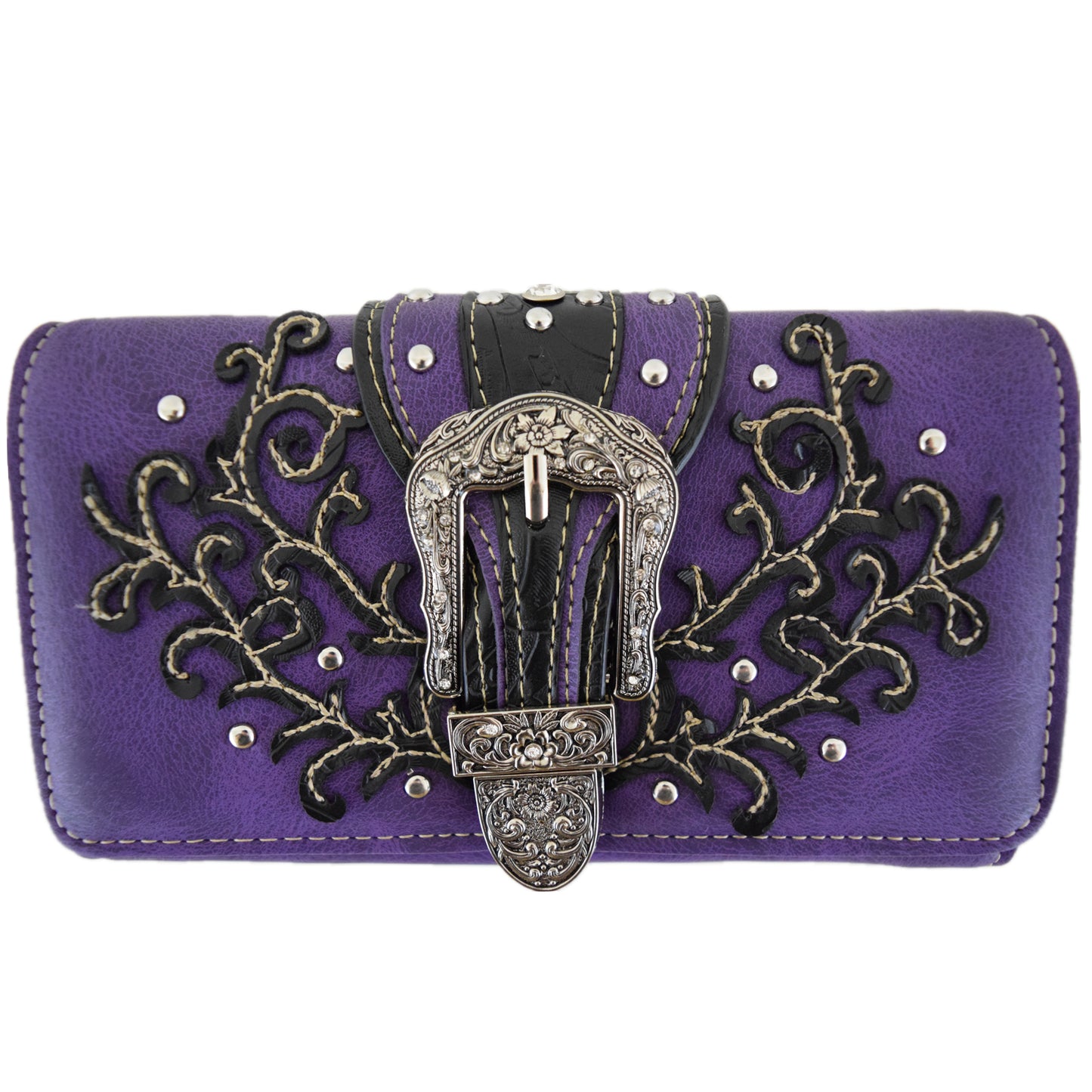 Western Style Buckle Laser Cut Floral Women Trifold Wallet