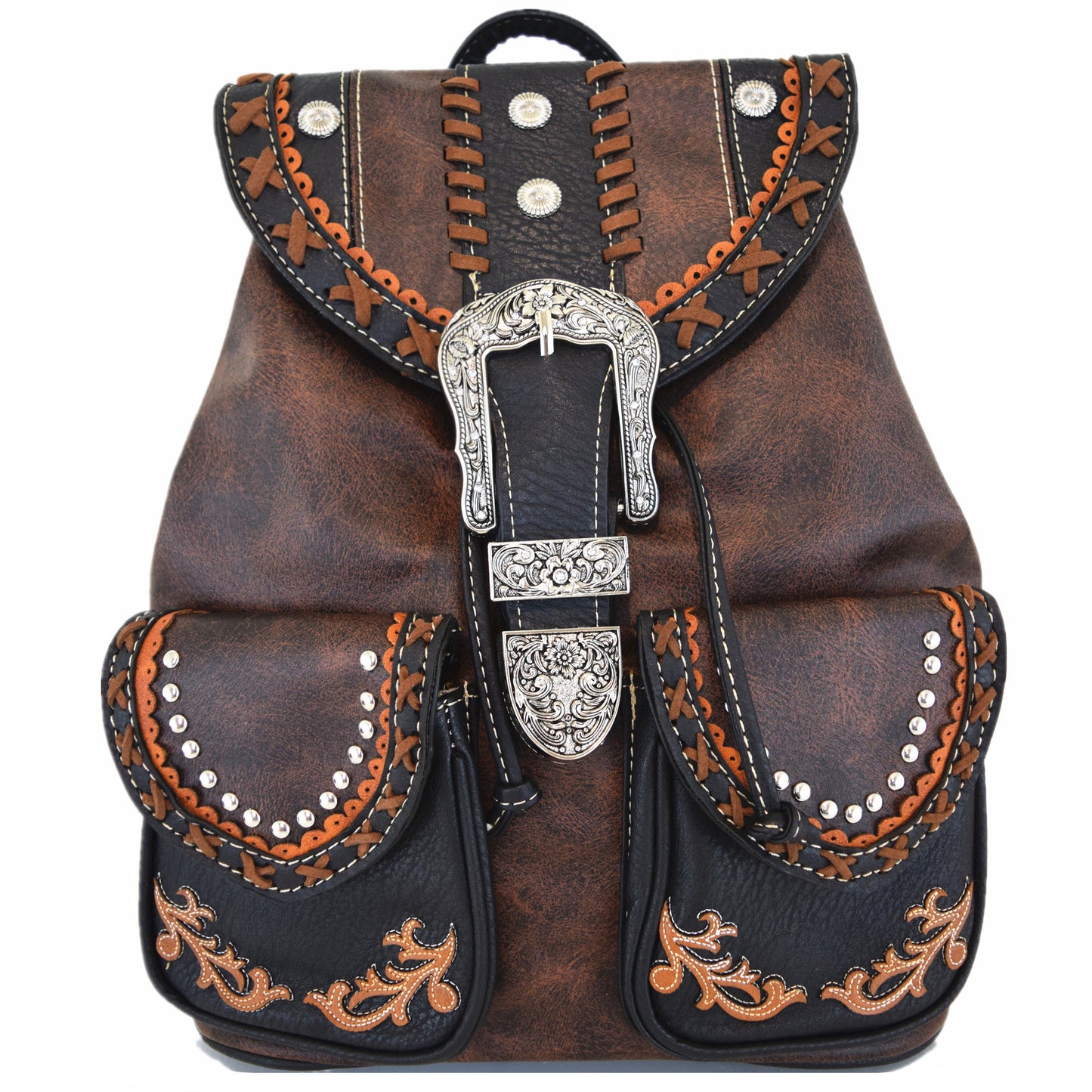Western Style Tooled Buckle Women Backpack With Matching Wallet Set