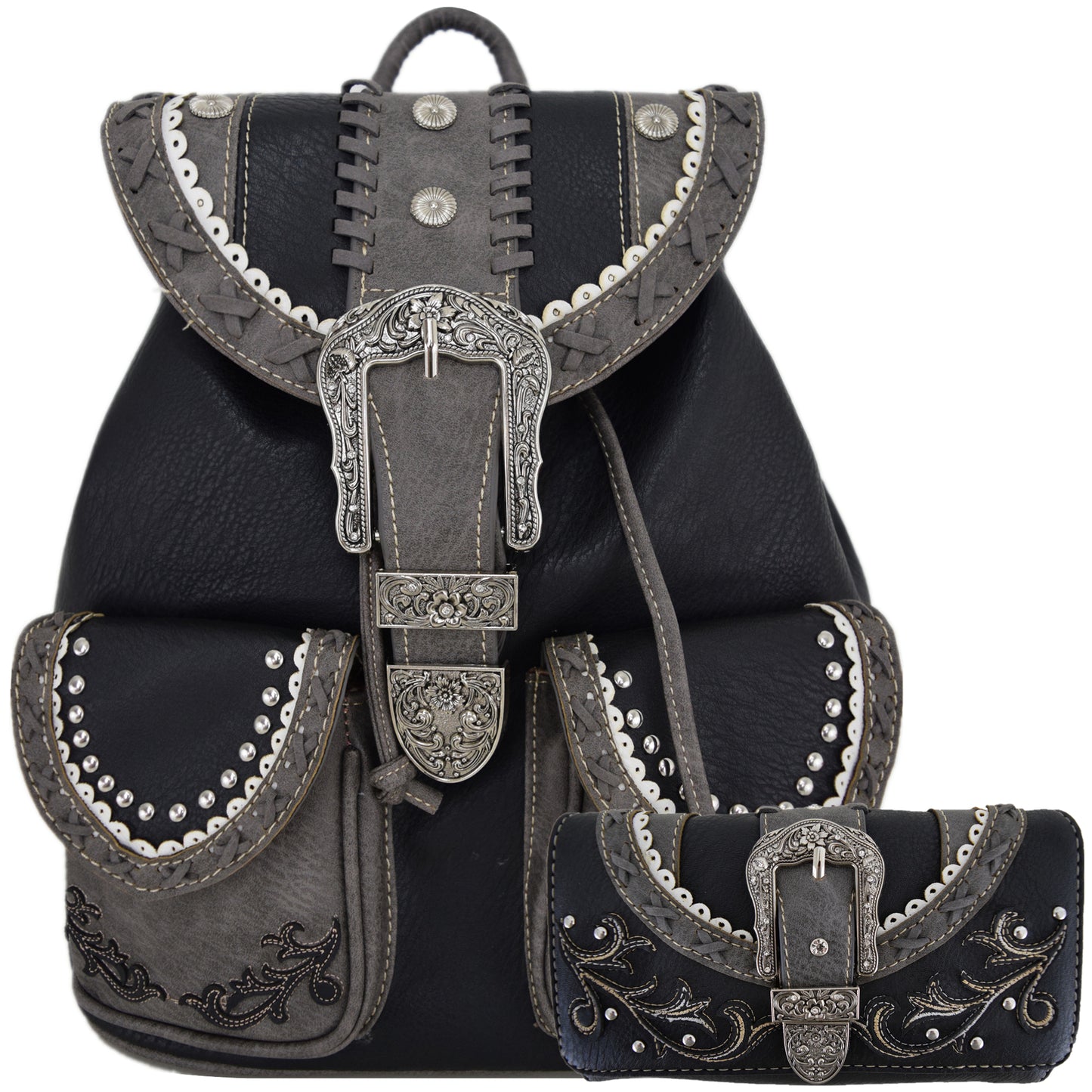 Western Style Tooled Buckle Women Backpack With Matching Wallet Set