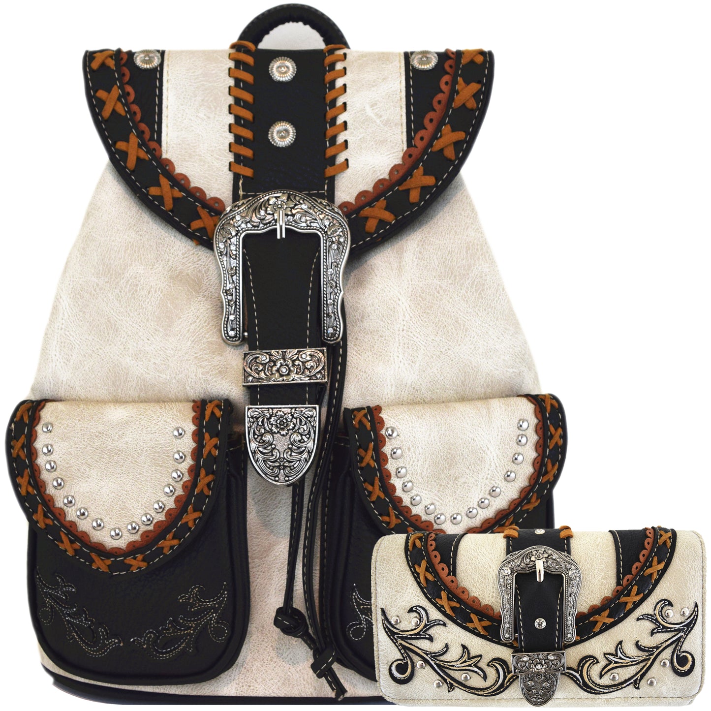 Western Style Tooled Buckle Women Backpack With Matching Wallet Set