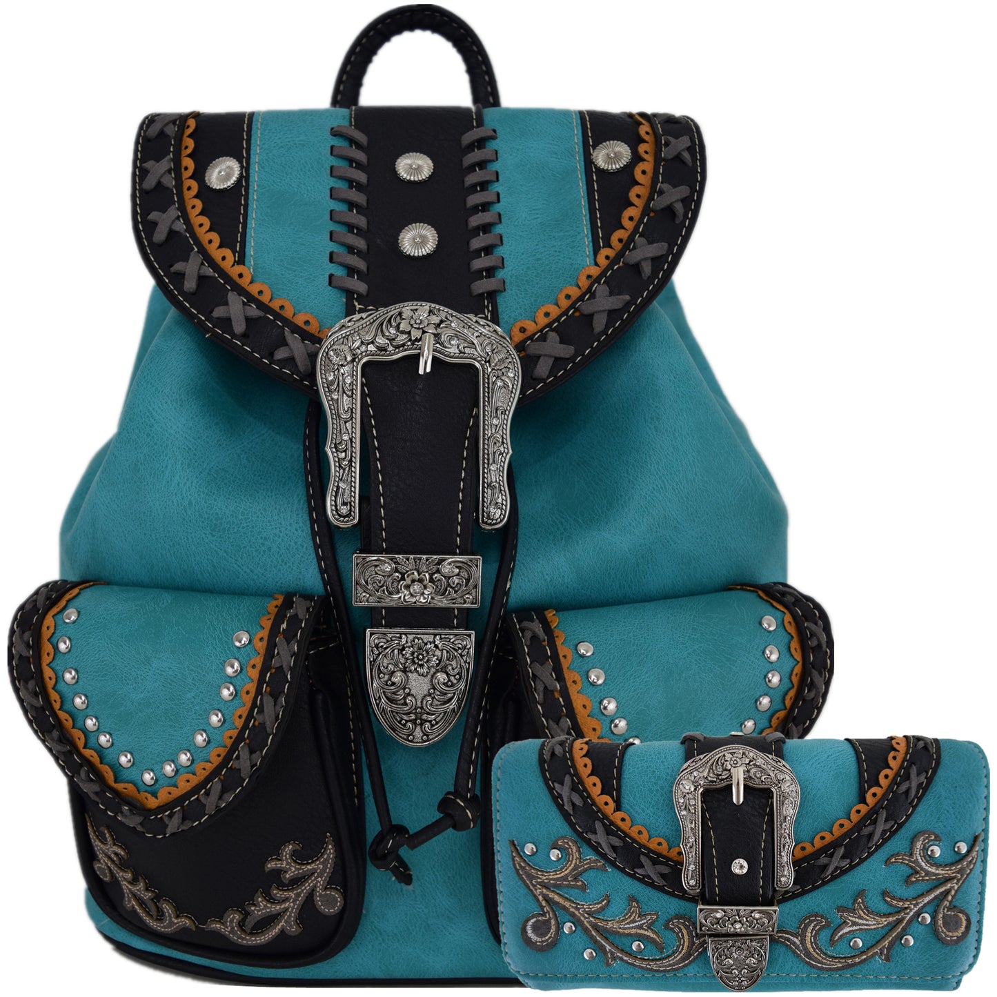 Western Style Tooled Buckle Women Backpack With Matching Wallet Set