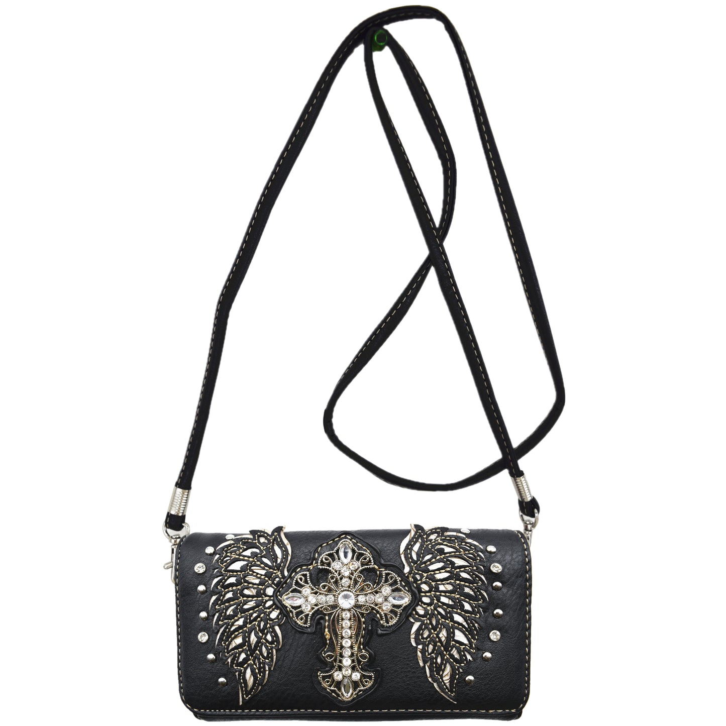 Western Style Cross Studded Winged Women Trifold Wallet