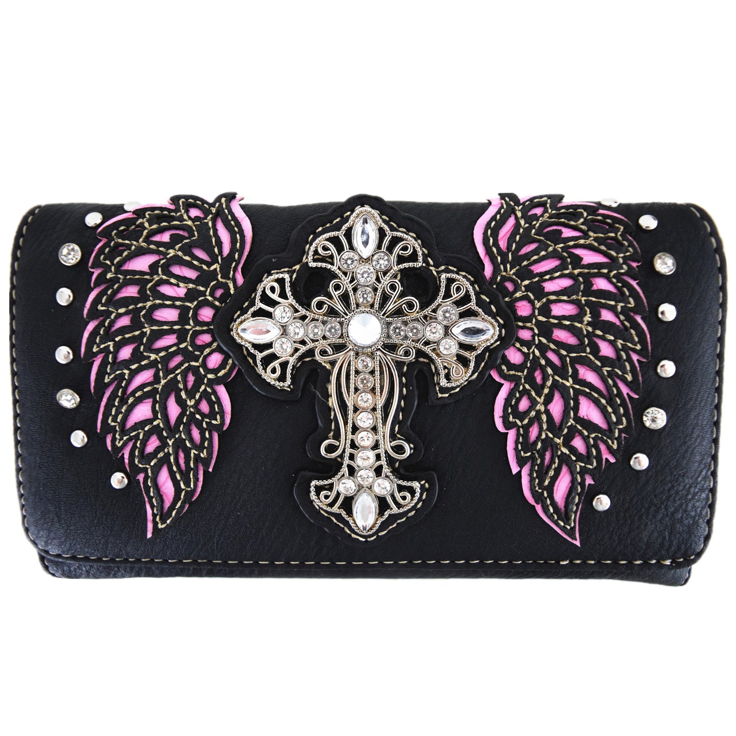 Western Style Cross Studded Winged Women Trifold Wallet