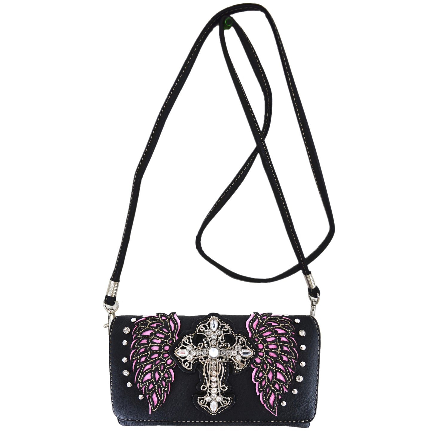 Western Style Cross Studded Winged Women Trifold Wallet