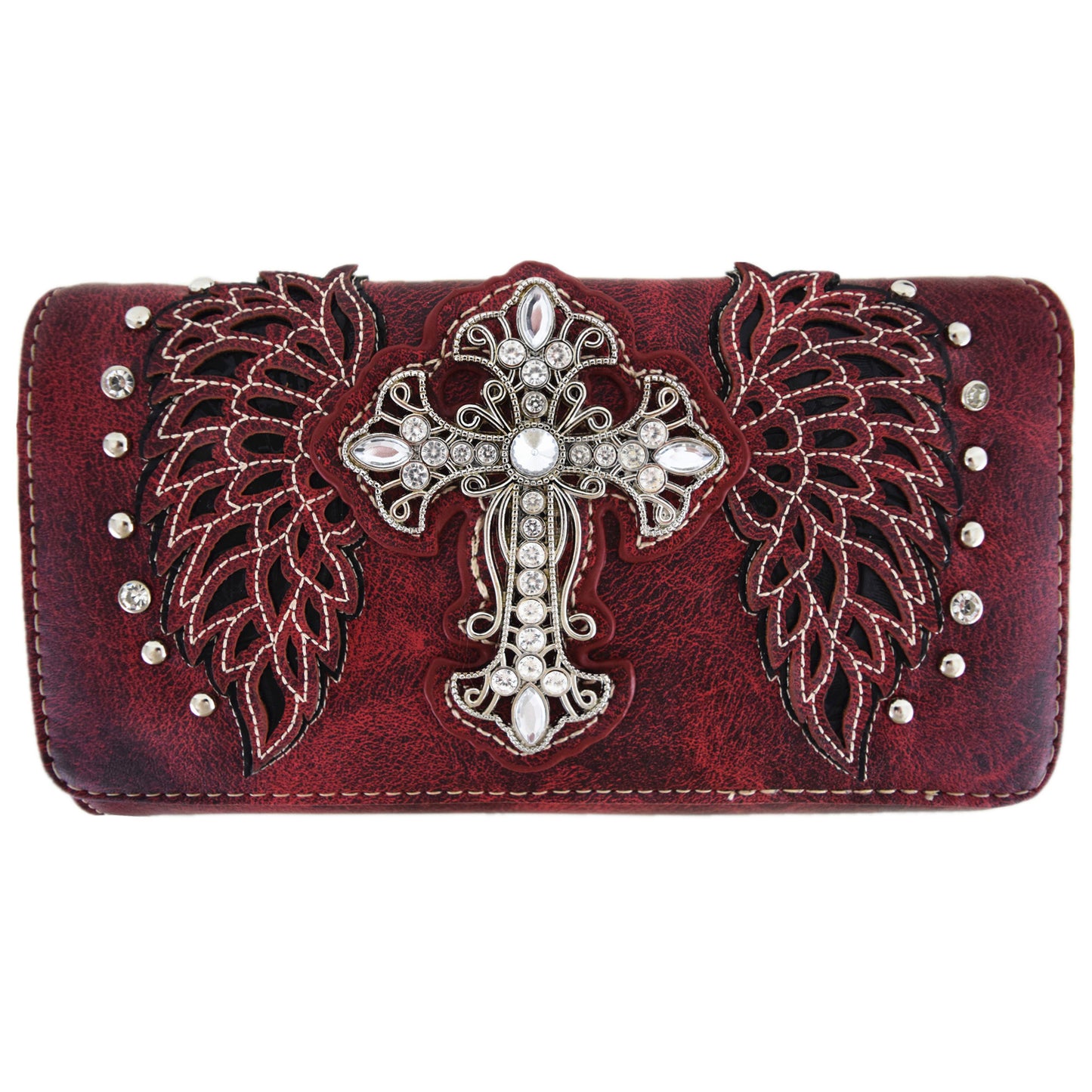 Western Style Cross Studded Winged Women Trifold Wallet