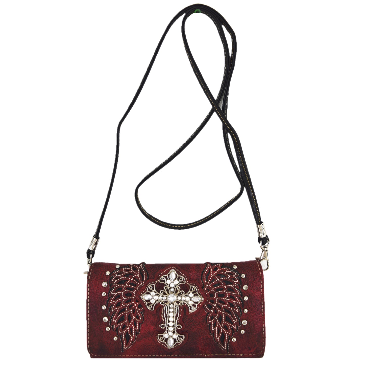 Western Style Cross Studded Winged Women Trifold Wallet