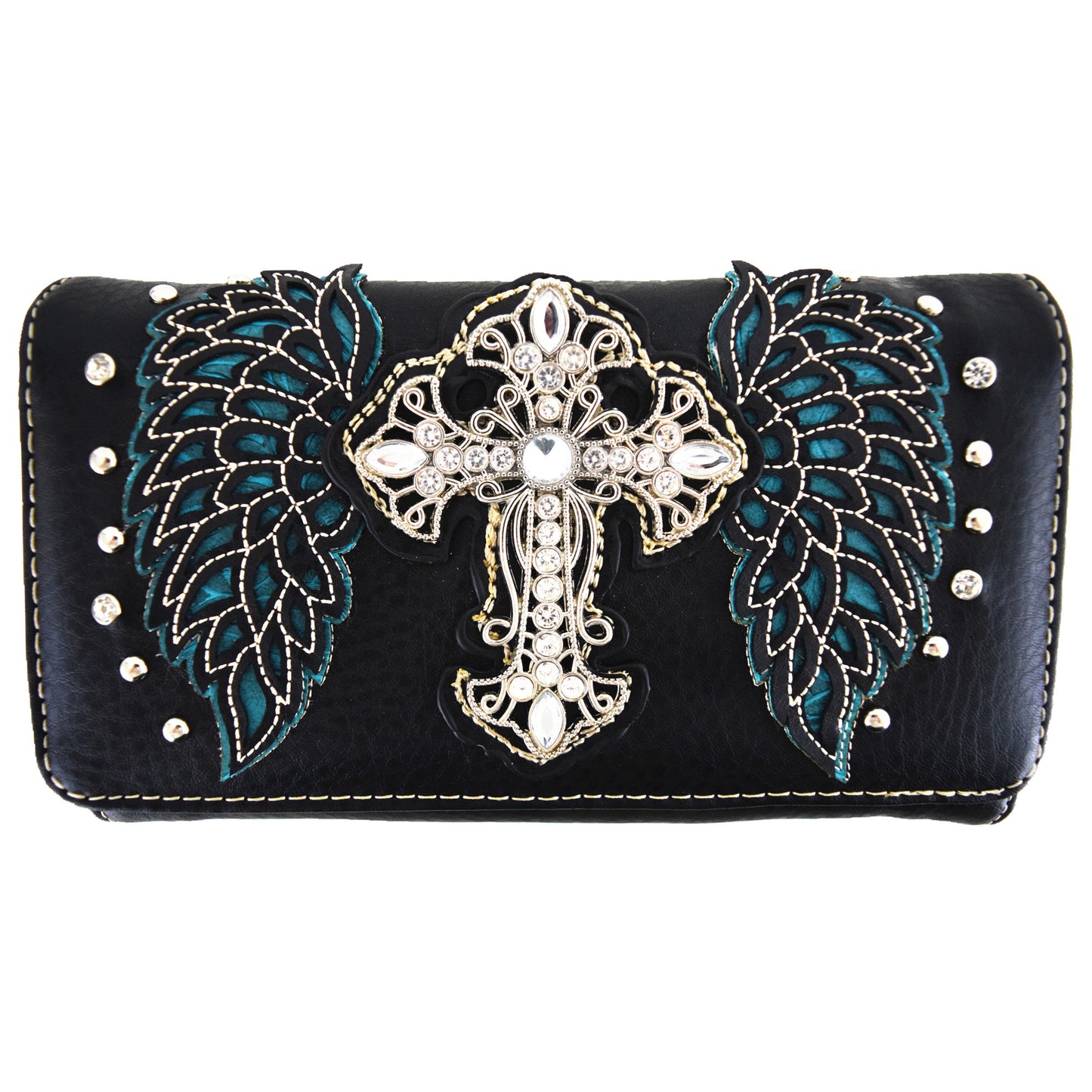 Western Style Cross Studded Winged Women Trifold Wallet