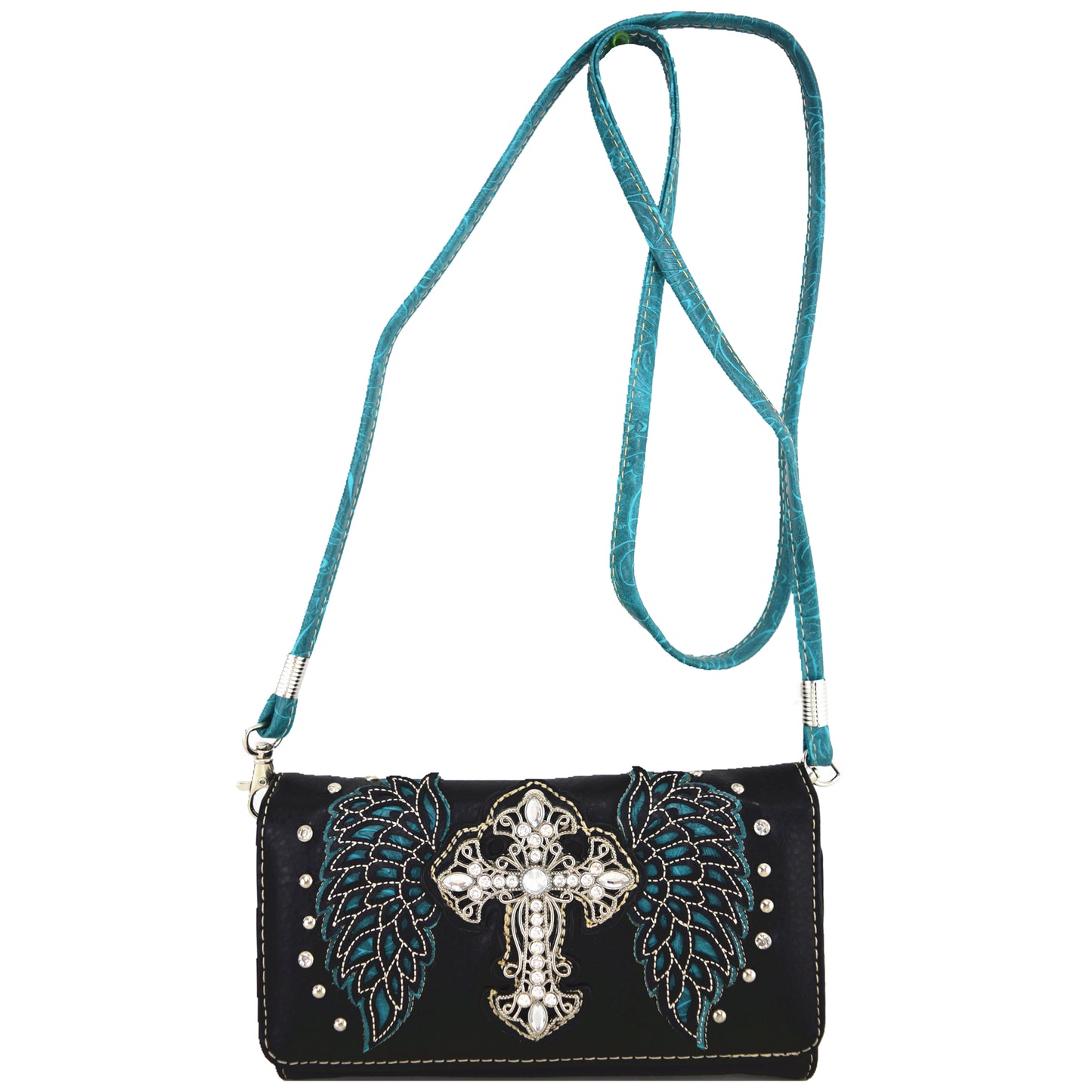 Western Style Cross Studded Winged Women Trifold Wallet