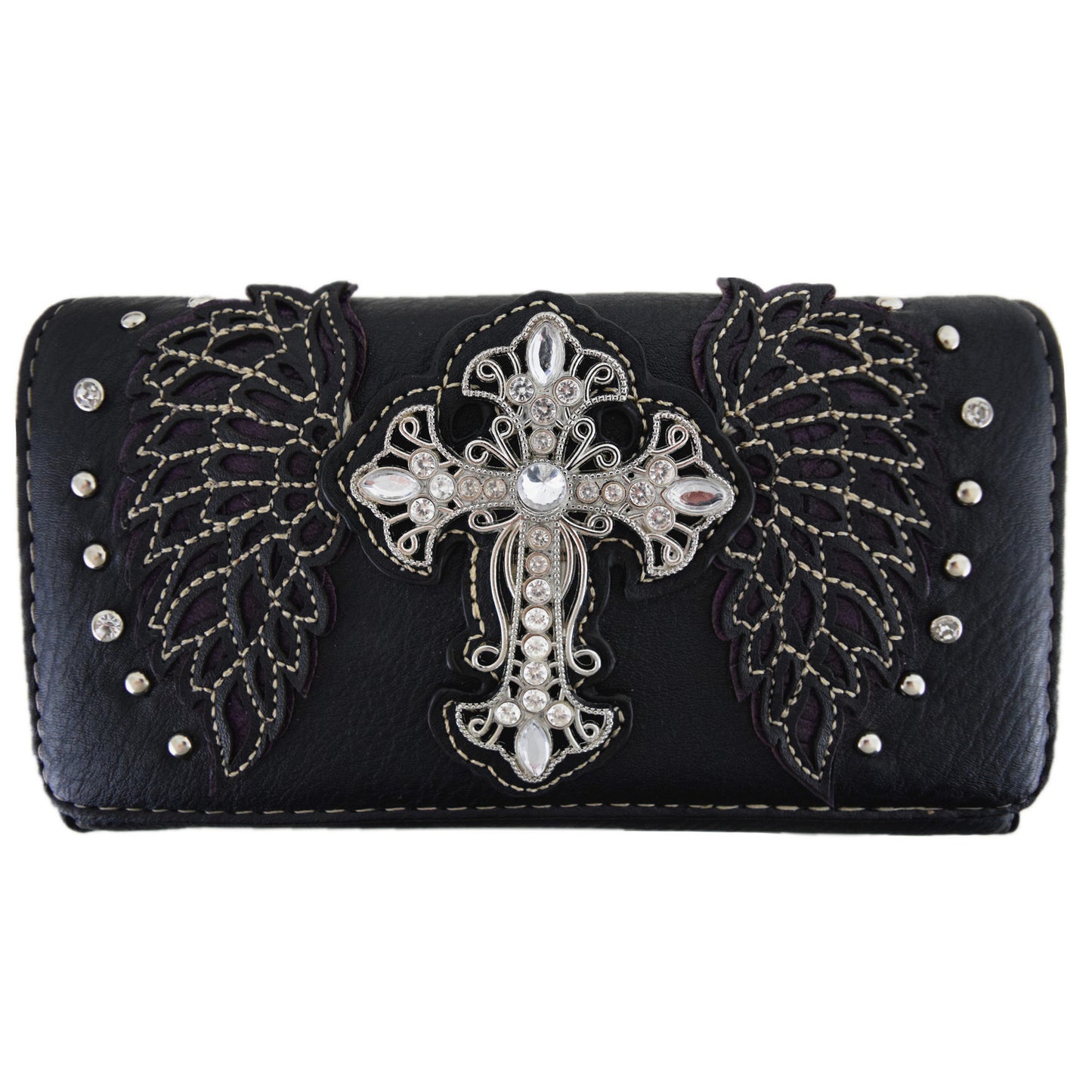 Western Style Cross Studded Winged Women Trifold Wallet