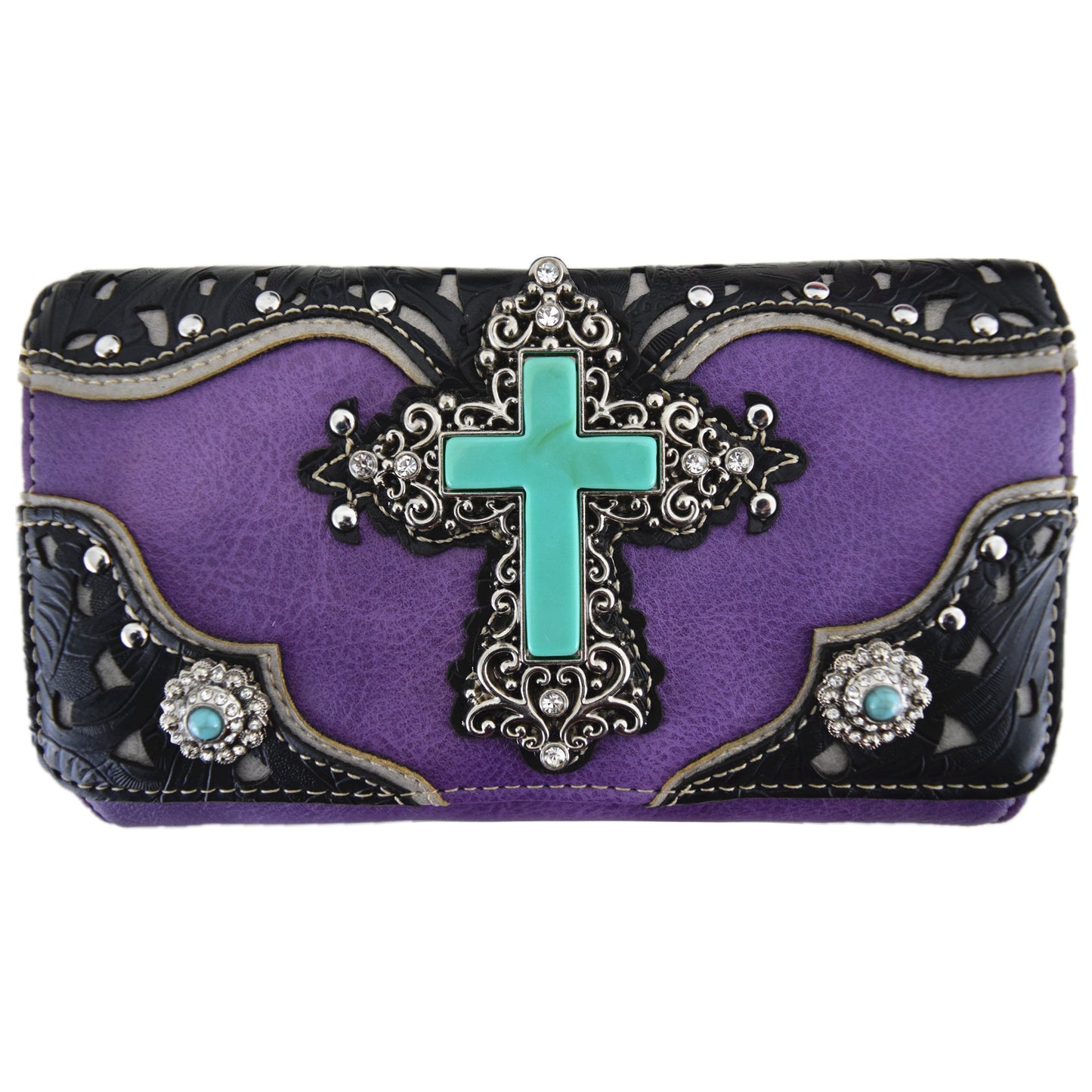 Western Style Cross Studded Women Trifold Wallet