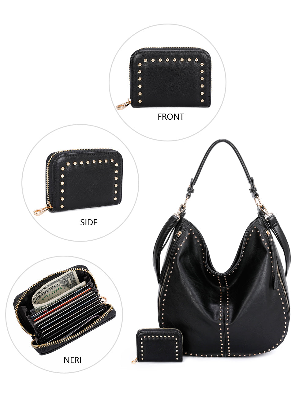 Gold Hardware Fashion HandBag Detachable Crossbody Strap Mini Wallet Set