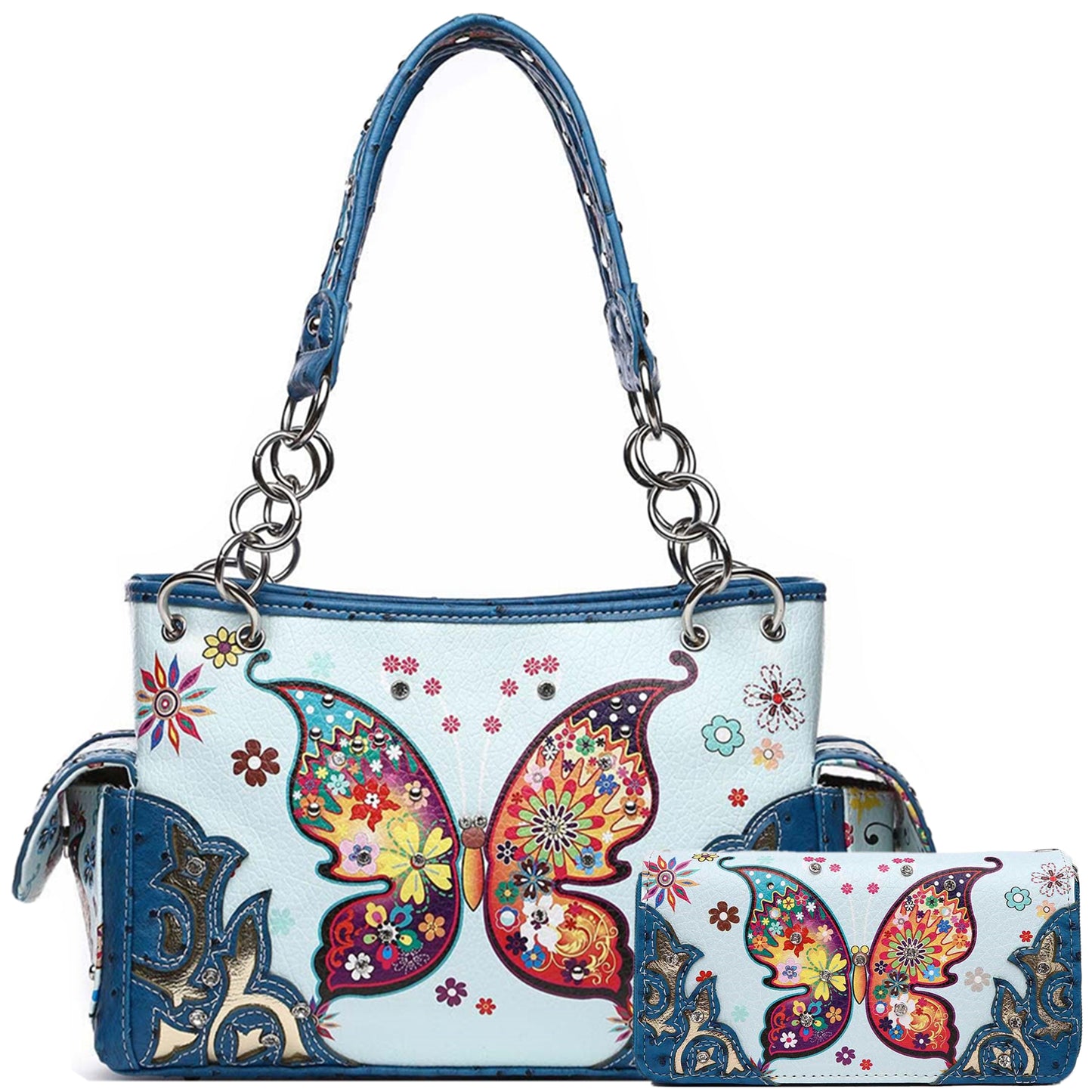 Colorful Butterfly Women Purse with Matching Wallet Set