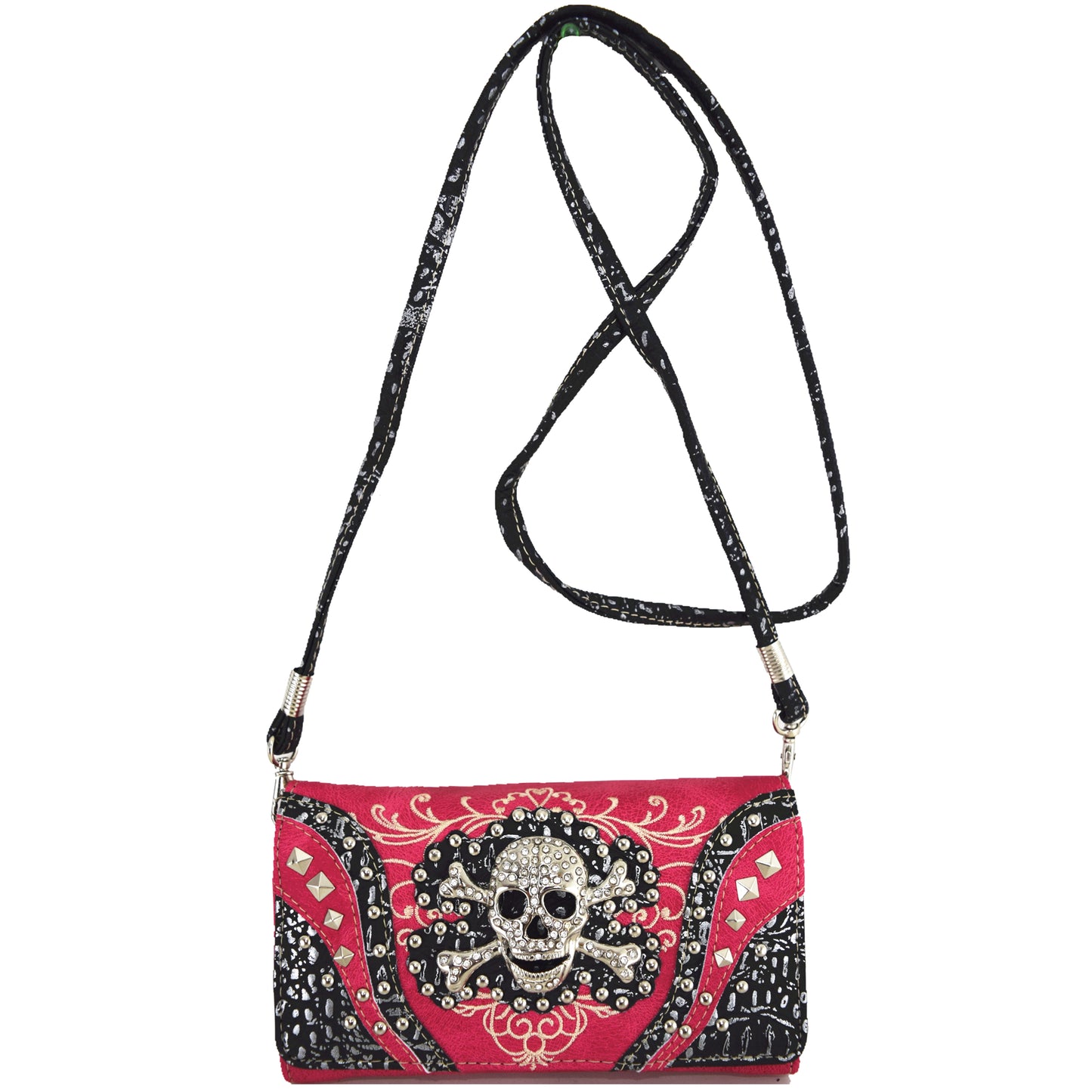 Gothic Rhinestone Skull Punk Studs Women Trifold Wallet