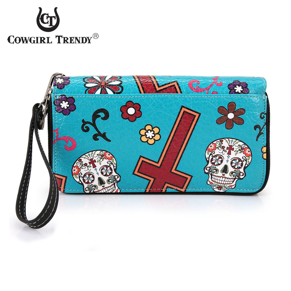 Sugar Skull Flower Cross Women Double Zipper Wallet