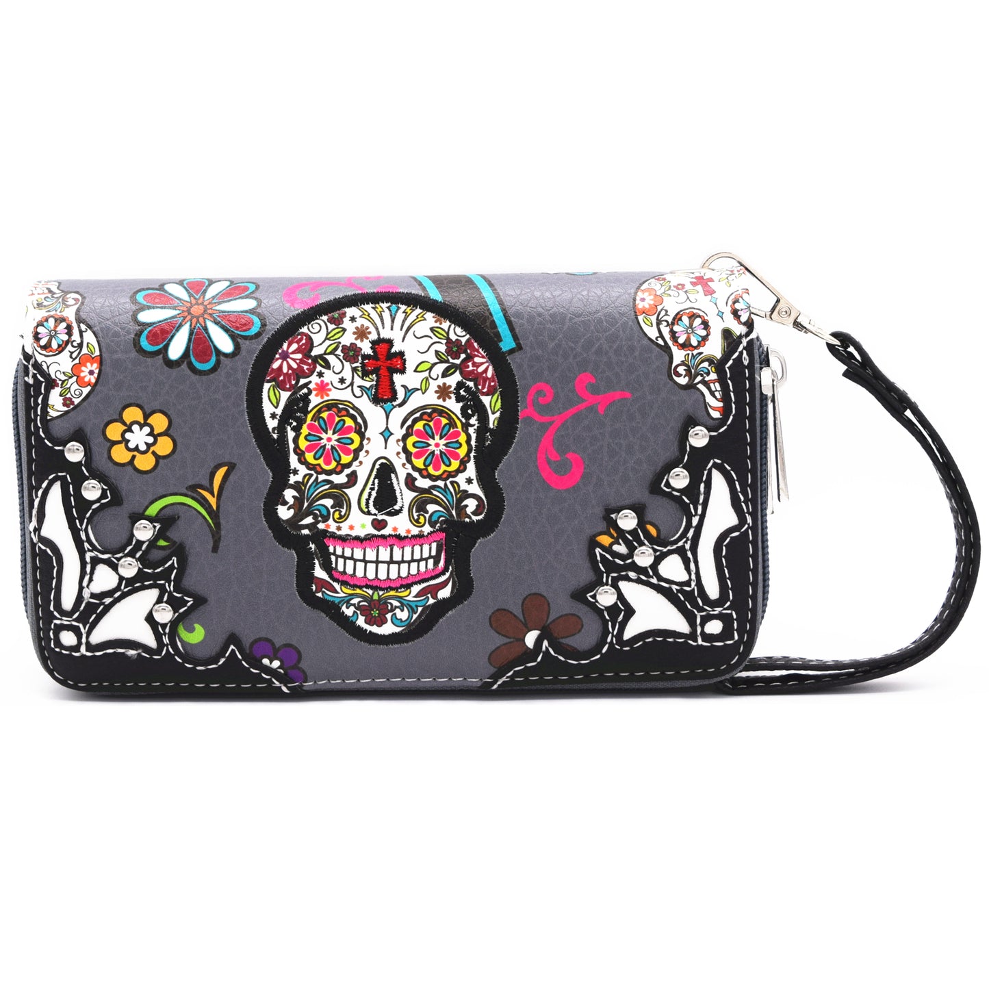 Sugar Skull Flower Cross Women Double Zipper Wallet