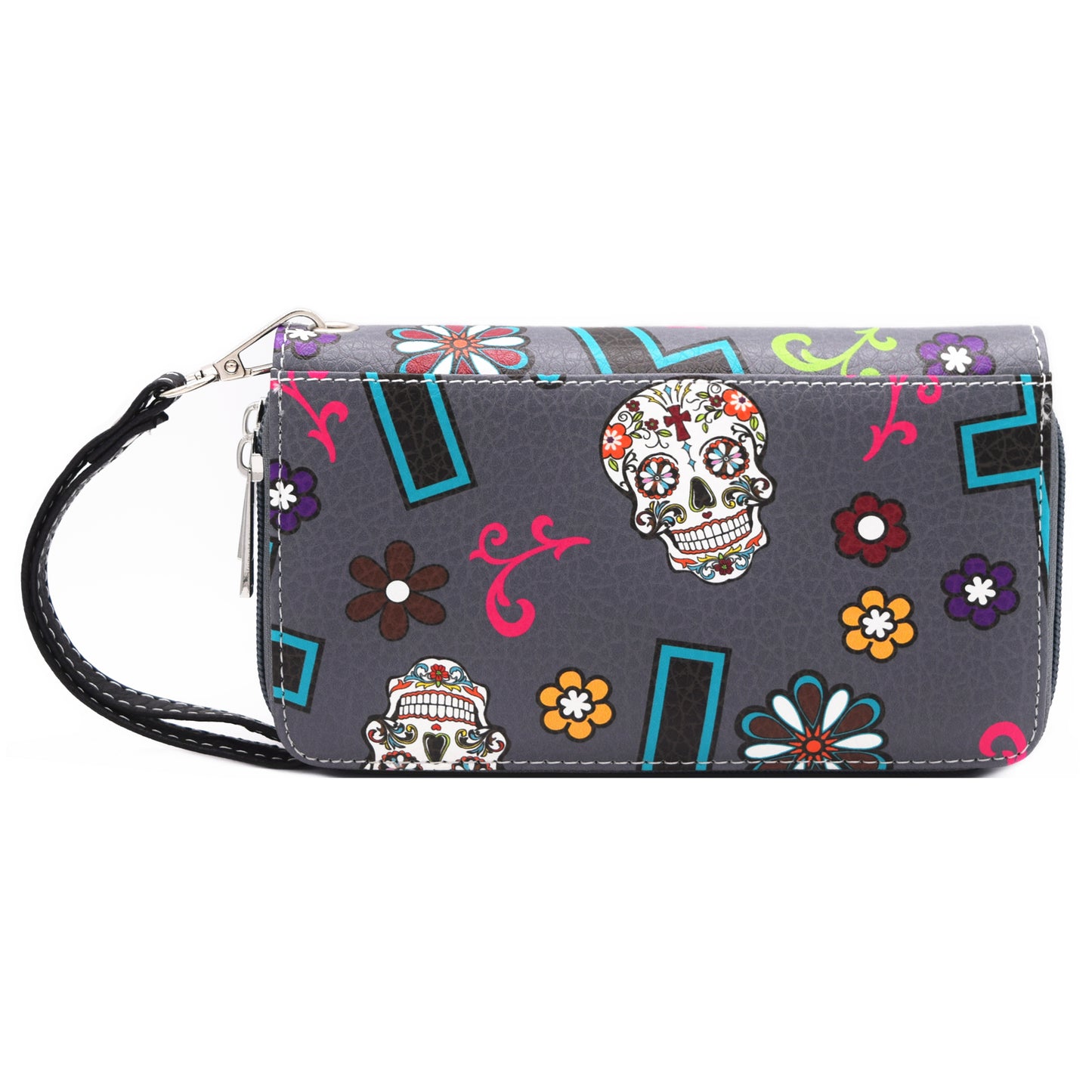 Sugar Skull Flower Cross Women Double Zipper Wallet