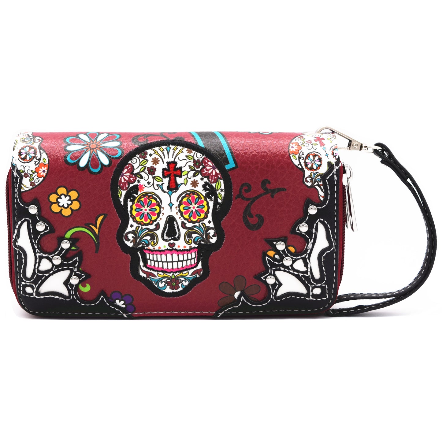 Sugar Skull Flower Cross Women Double Zipper Wallet