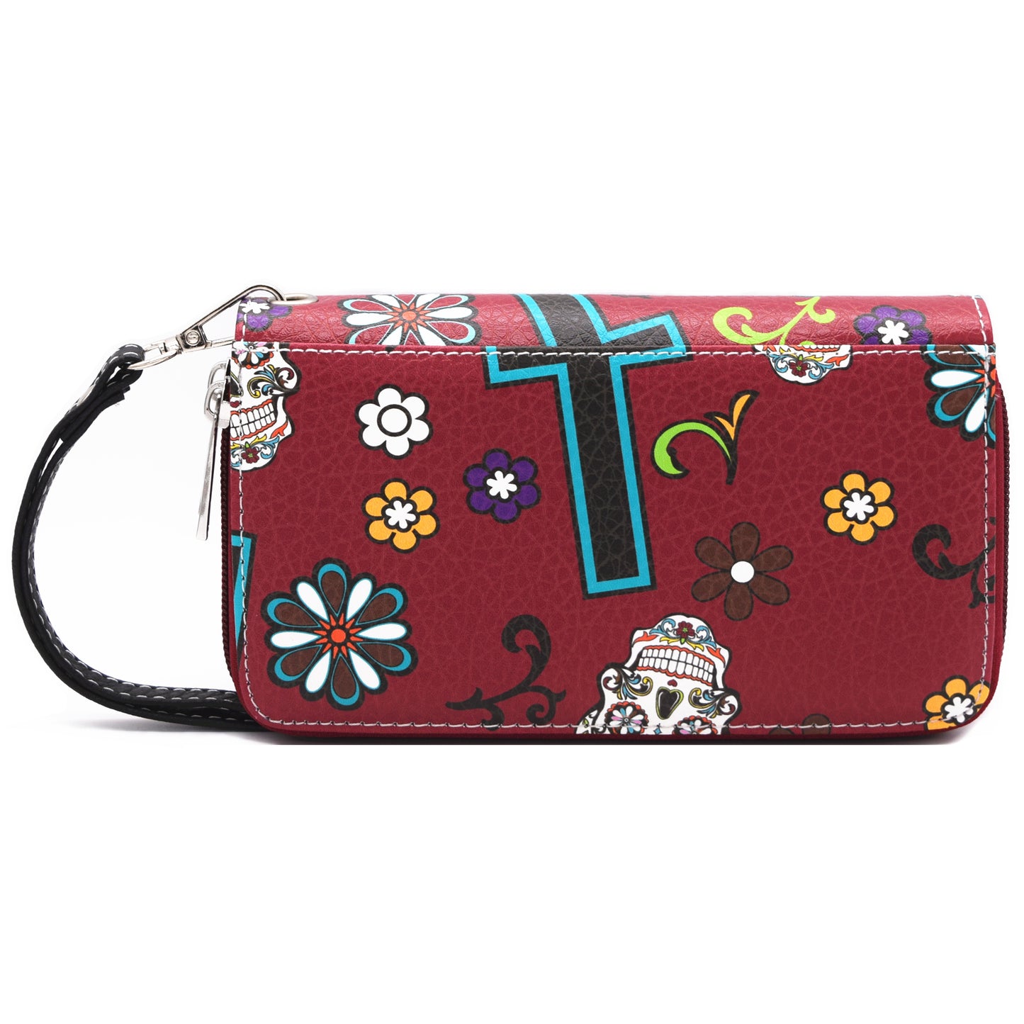 Sugar Skull Flower Cross Women Double Zipper Wallet