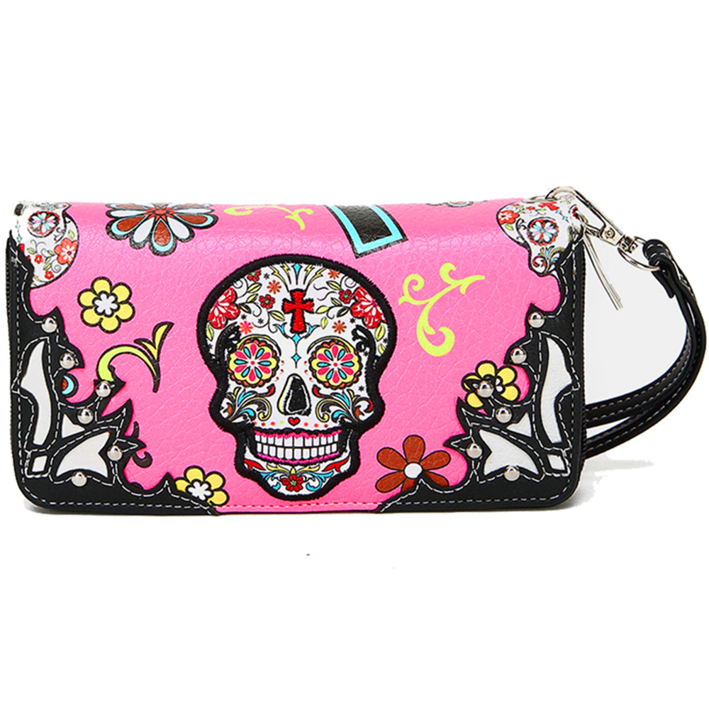 Sugar Skull Flower Cross Women Double Zipper Wallet