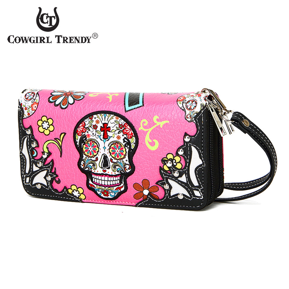 Sugar Skull Flower Cross Women Double Zipper Wallet