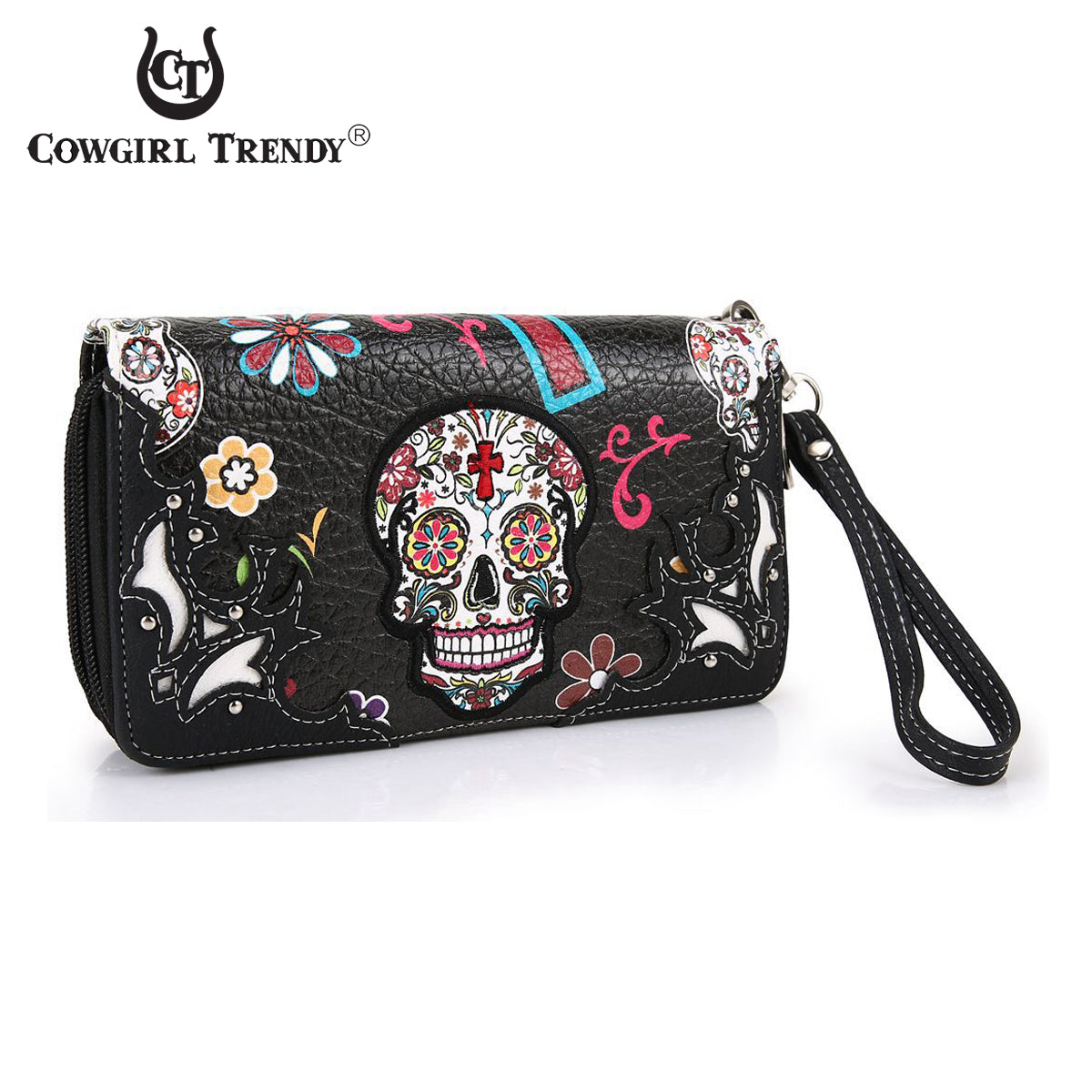 Sugar Skull Flower Cross Women Double Zipper Wallet