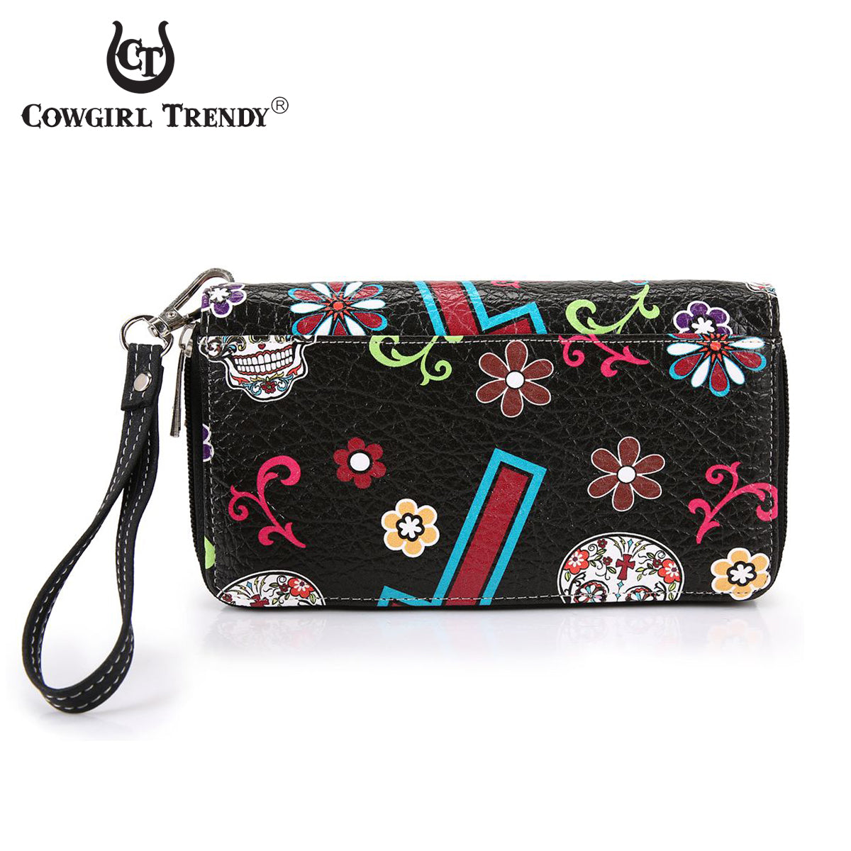 Sugar Skull Flower Cross Women Double Zipper Wallet