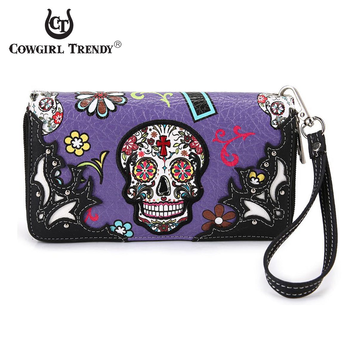 Sugar Skull Flower Cross Women Double Zipper Wallet