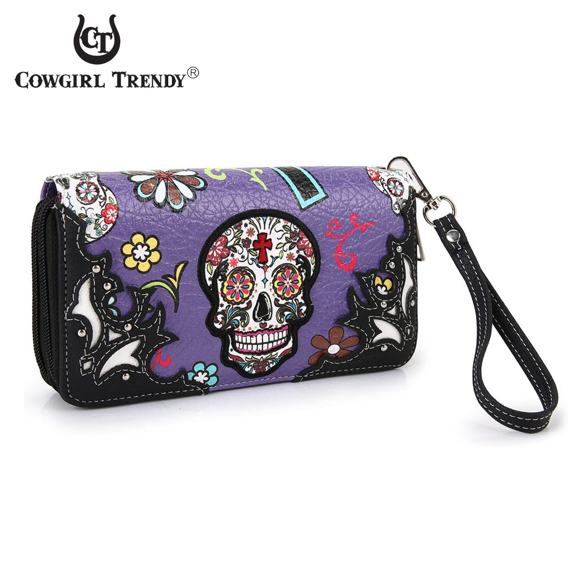 Sugar Skull Flower Cross Women Double Zipper Wallet