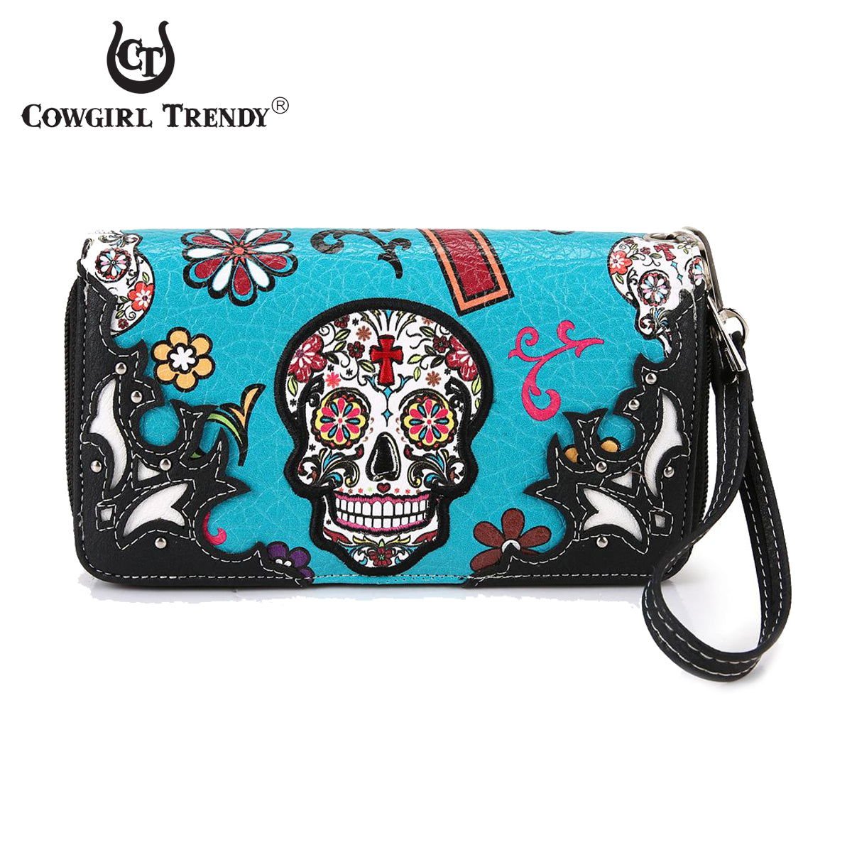 Sugar Skull Flower Cross Women Double Zipper Wallet