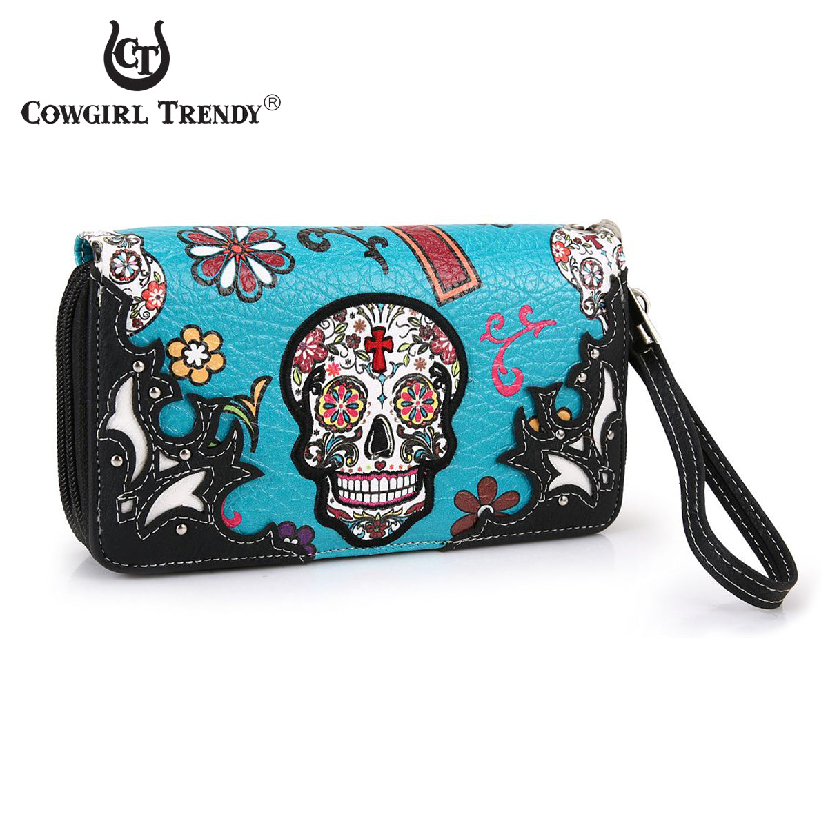 Sugar Skull Flower Cross Women Double Zipper Wallet