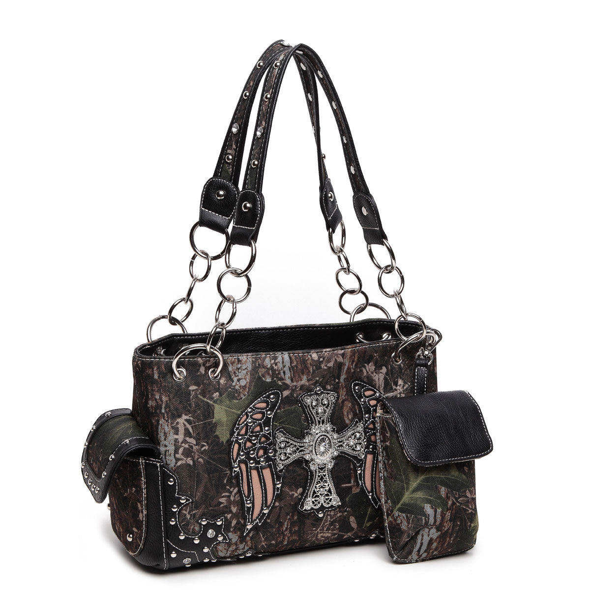 Camouflage Cross Wings Women Purse with Matching Wallet Set