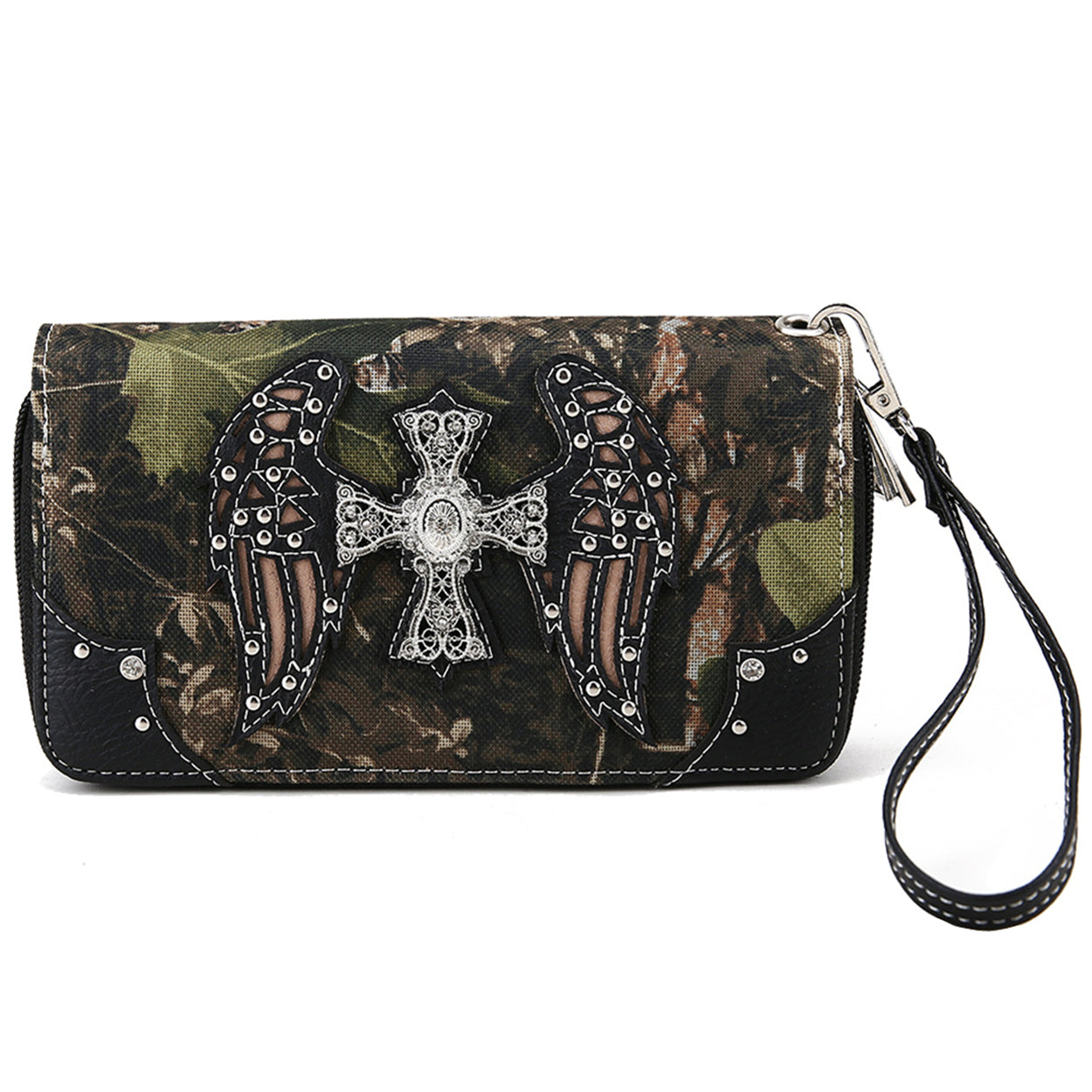 Camouflage Cross Wings Women Double Zipper Wallet