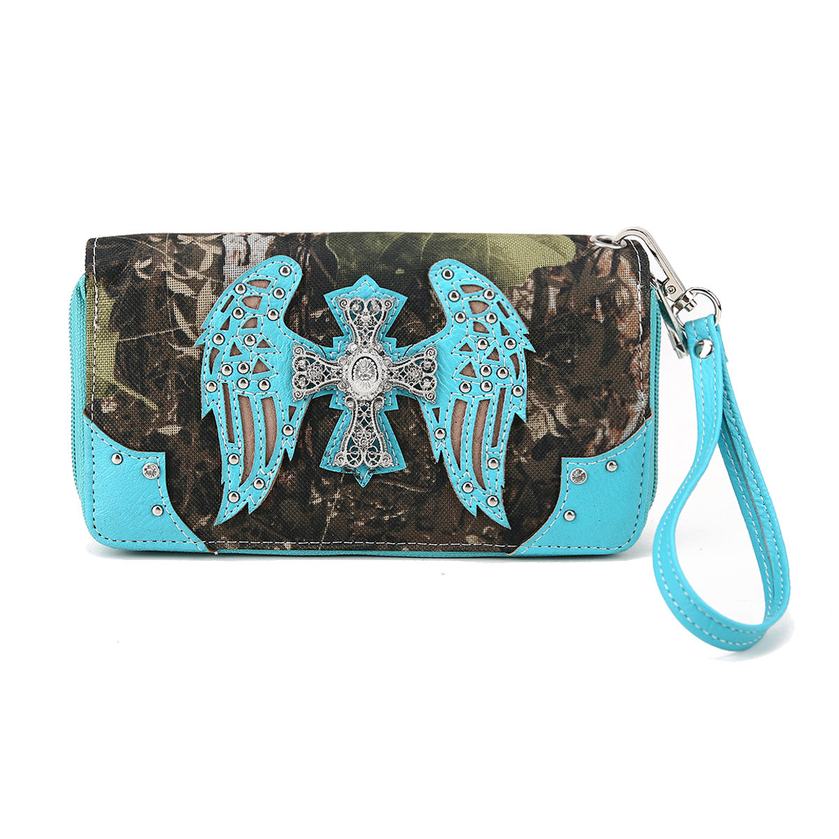 Camouflage Cross Wings Women Double Zipper Wallet
