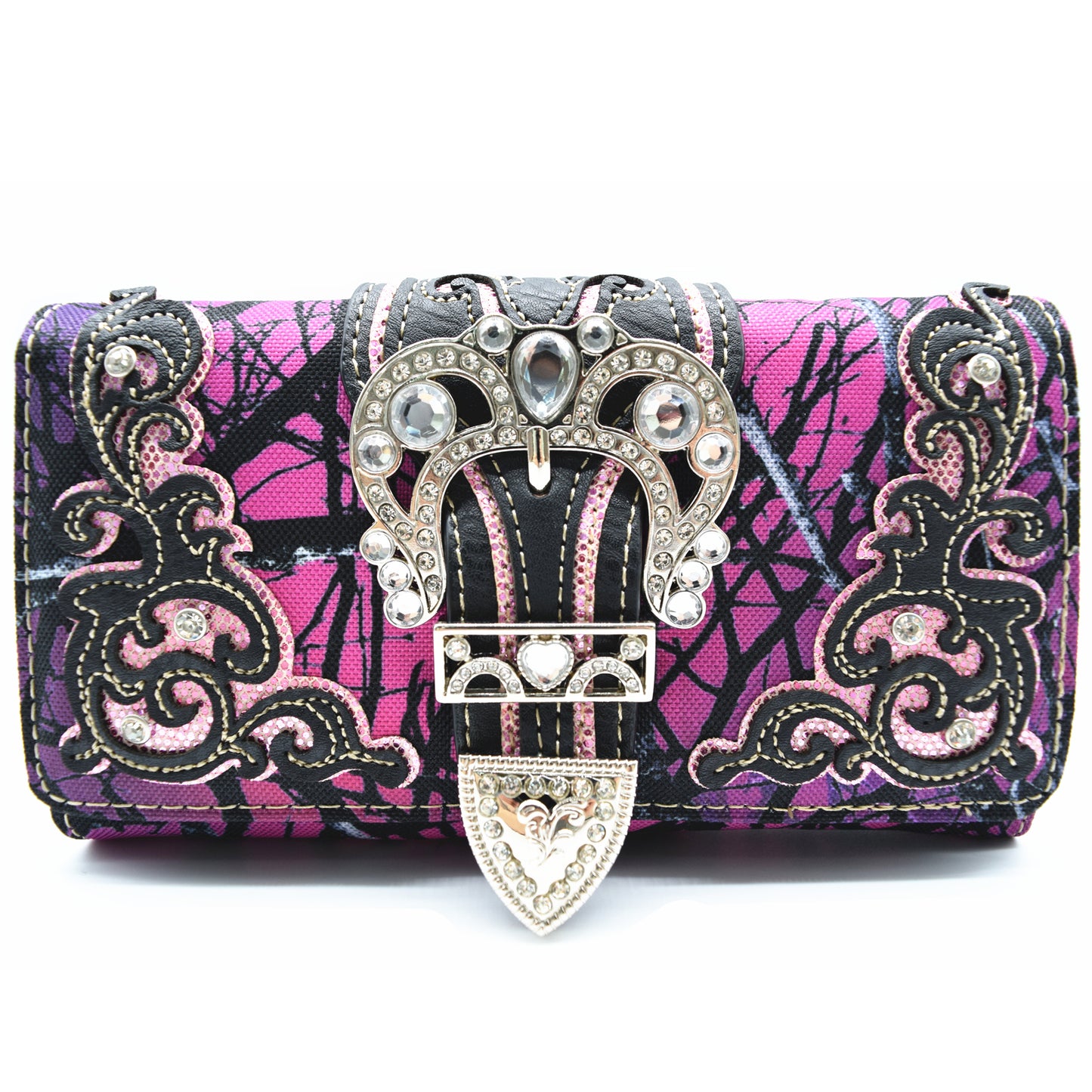 Camouflage Buckle Laser Cut Floral Western Style Women Trifold Wallet