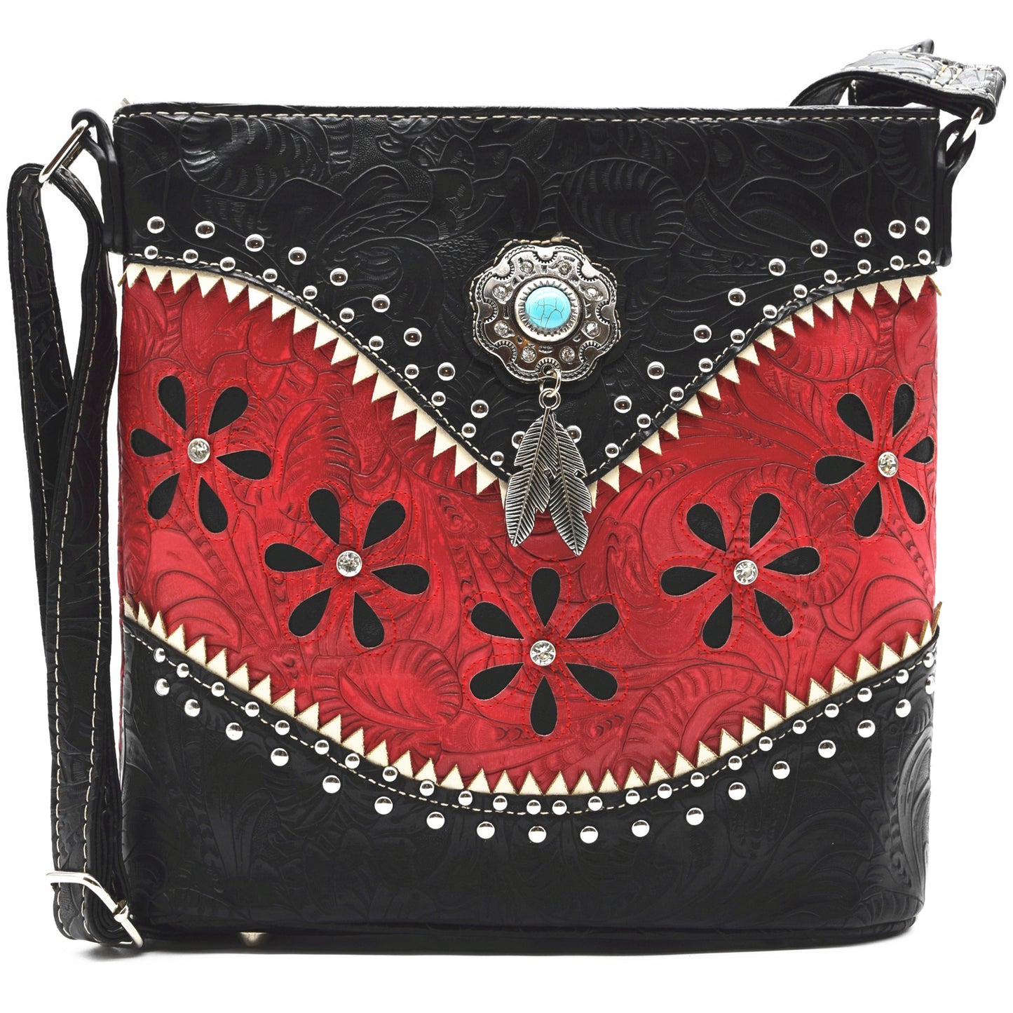 Western Style Tooled Leather Floral Laser Cut Flower Feather Women Crossbody Handbags