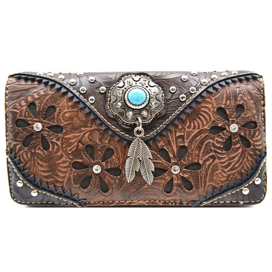 Western Style Feather Tooled Leather Floral Laser Cut Flower Women Trifold Wallet