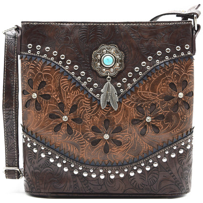 Western Style Tooled Leather Floral Laser Cut Flower Feather Women Crossbody Handbags