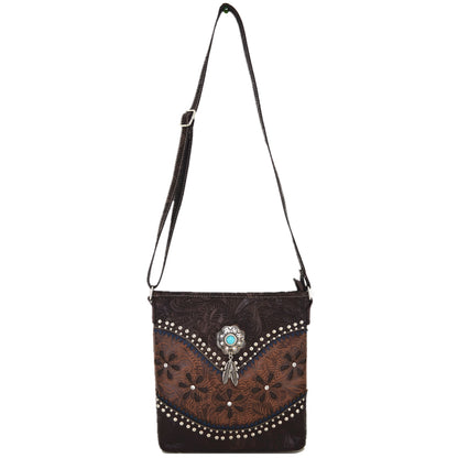 Western Style Tooled Leather Floral Laser Cut Flower Feather Women Crossbody Handbags