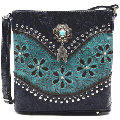 Western Style Tooled Leather Floral Laser Cut Flower Feather Women Crossbody Handbags