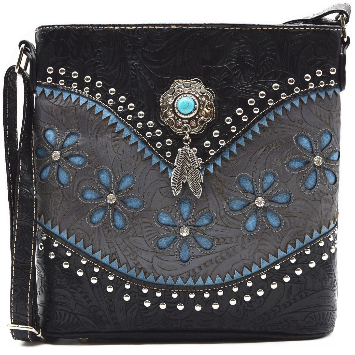 Western Style Tooled Leather Floral Laser Cut Flower Feather Women Crossbody Handbags