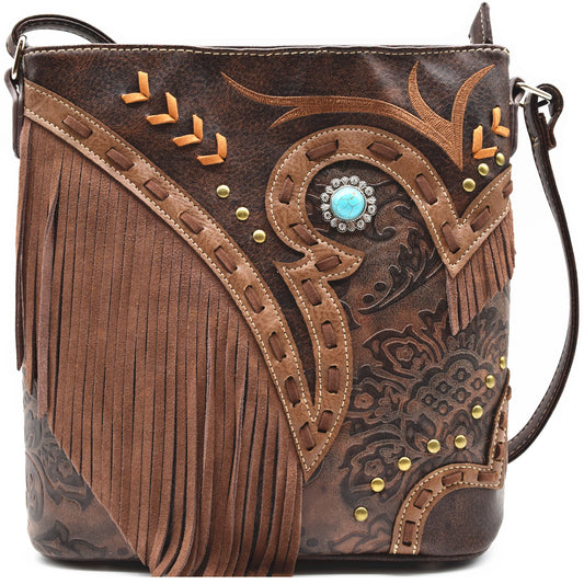 Western Style Tooled Leather Floral Fringe Women Crossbody Handbags