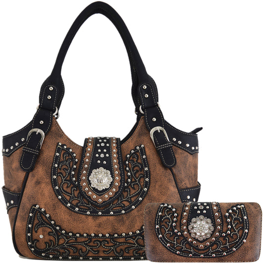 Western Style Berry Conchos Conceal Carry Purse Matching Wallet Set Brown