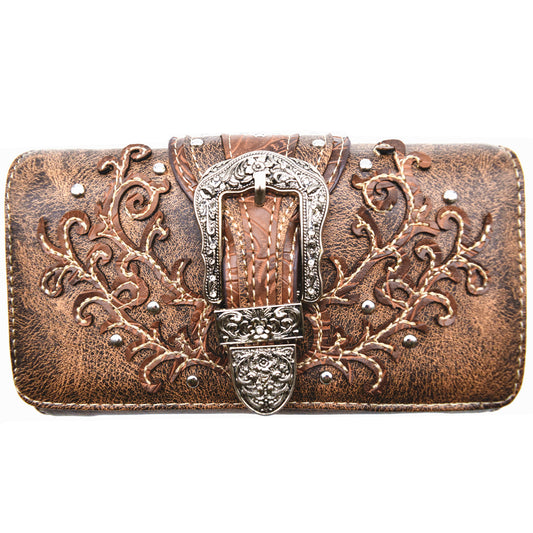 Western Style Buckle Laser Cut Floral Women Trifold Wallet