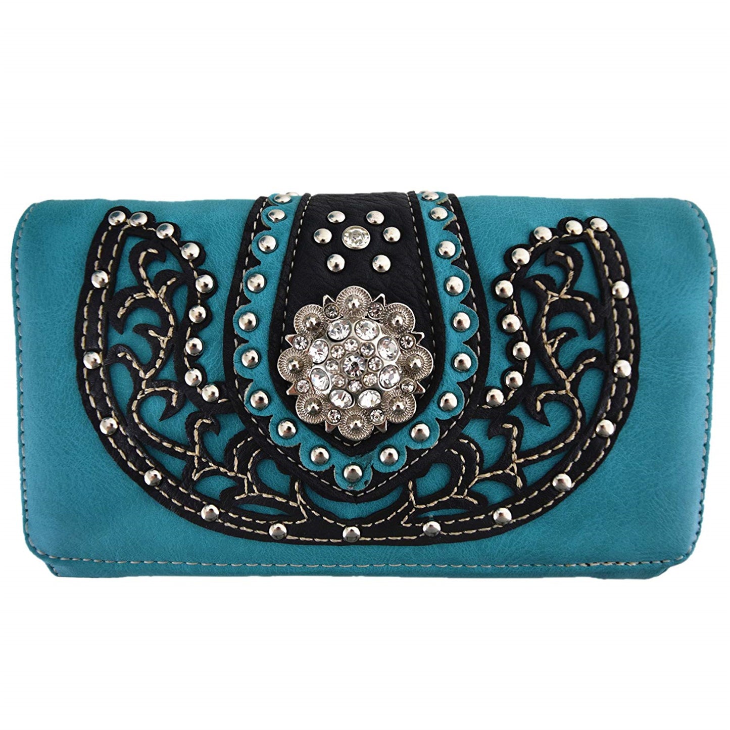 Western Style Conchos Studded Floral Women Trifold Wallet